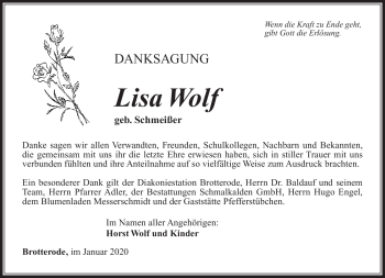 Traueranzeige von Lisa Wolf von Südthüringer Presse