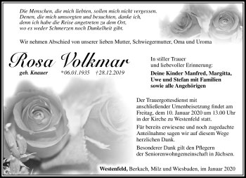 Traueranzeige von Rosa Vokmar von Südthüringer Presse