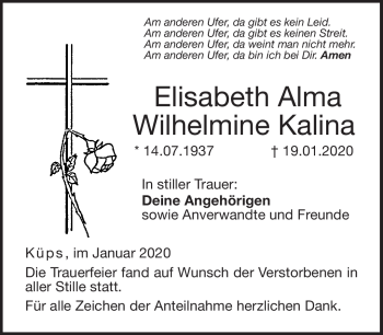 Traueranzeige von Elisabeth Kalina von Neue Presse Coburg