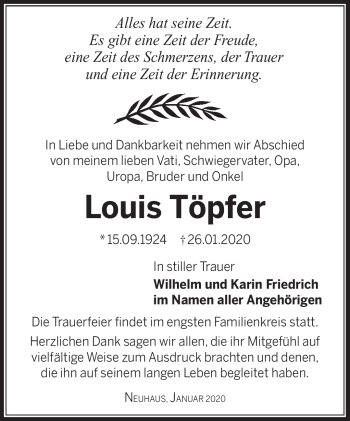 Traueranzeige von Louis Töpfer von Südthüringer Presse