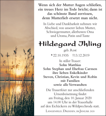 Traueranzeige von Hildegard Ihling von Südthüringer Presse