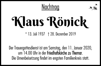 Traueranzeige von Klaus Rönick von Südthüringer Presse