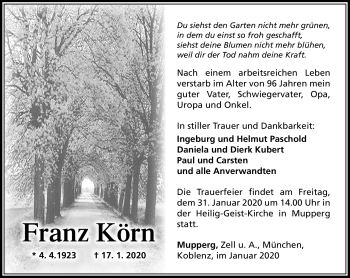 Traueranzeige von Franz Körn von Südthüringer Presse