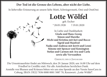 Traueranzeige von Lotte Wölfel von Neue Presse Coburg