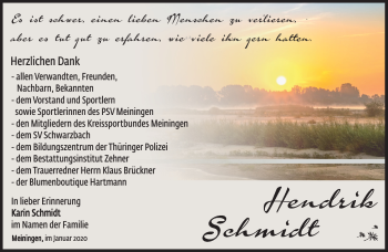 Traueranzeige von Hendrik Schmidt von Südthüringer Presse