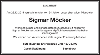 Traueranzeige von Sigmar Möcker von Südthüringer Presse