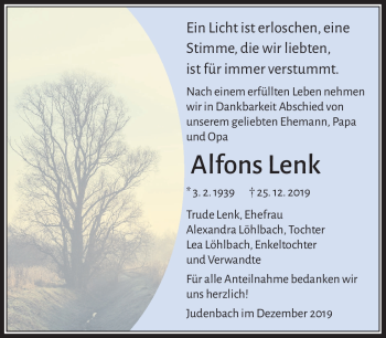 Traueranzeige von Alfons Lenk von Südthüringer Presse