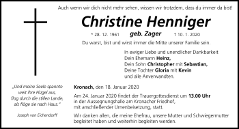 Traueranzeige von Christine Henniger von Neue Presse Coburg
