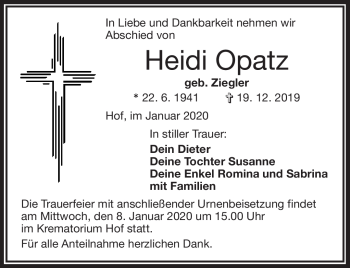 Traueranzeige von Heidi Opitz von Frankenpost