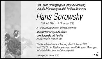 Traueranzeige von Hans Sorowsky von Südthüringer Presse