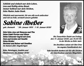 Traueranzeige von Sabine Abeßer von Südthüringer Presse