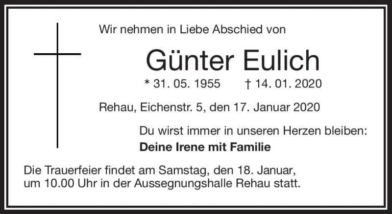  Traueranzeige für Günter Eulich vom 17.01.2020 aus Frankenpost