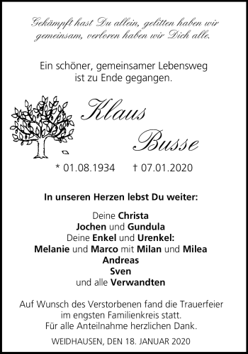 Traueranzeige von Klaus Busse von Neue Presse Coburg