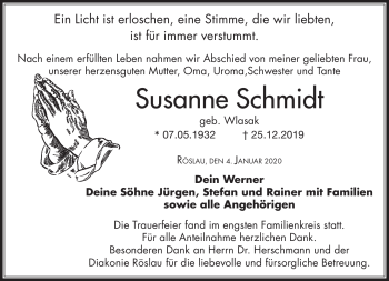 Traueranzeige von Susanne Schmidt von Frankenpost