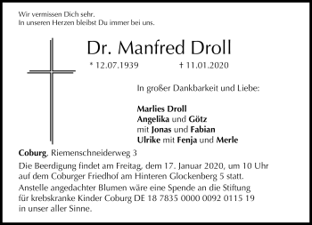 Traueranzeige von Manfred Droll von Neue Presse Coburg