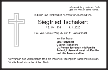 Traueranzeige von Siegfried Tschakert von Frankenpost