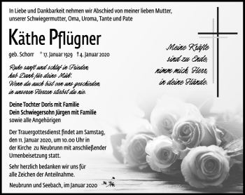 Traueranzeige von Käthe Pflüger von Südthüringer Presse