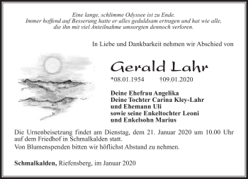Traueranzeige von Gerald Lahr von Südthüringer Presse