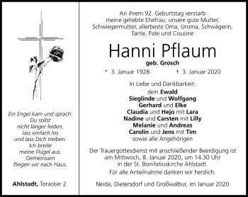 Traueranzeige von Hanni Pflaum von Neue Presse Coburg