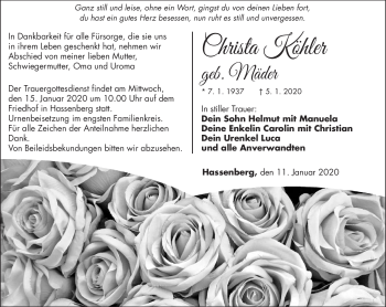 Traueranzeige von Christa Köhler von Neue Presse Coburg