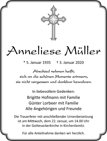 Traueranzeige von Anneliese Müller von Frankenpost