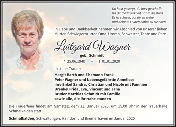 Traueranzeige von Luitgard Wagner von Südthüringer Presse