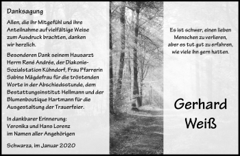 Traueranzeige von Gerhard Weiß von Südthüringer Presse