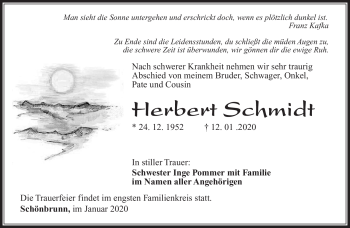 Traueranzeige von Herbert Schmidt von Südthüringer Presse