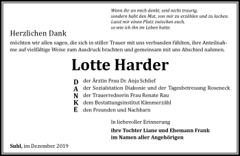 Traueranzeige von Lotte Harde von Südthüringer Presse