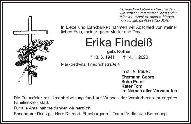  Traueranzeige für Erika Findeiß vom 29.01.2020 aus Frankenpost