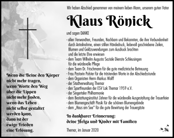 Traueranzeige von Klaus Rönick von Südthüringer Presse