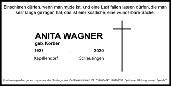 Traueranzeige von Anita Wagner von Südthüringer Presse