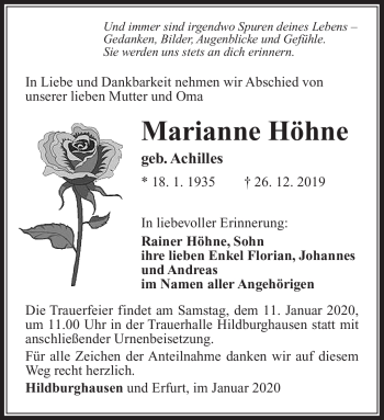 Traueranzeige von Marianne Höhne von Südthüringer Presse
