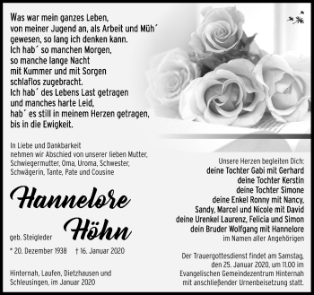 Traueranzeige von Hannelore Höhn von Südthüringer Presse