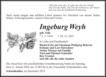 Traueranzeige von Ingeburg Weyh von Südthüringer Presse