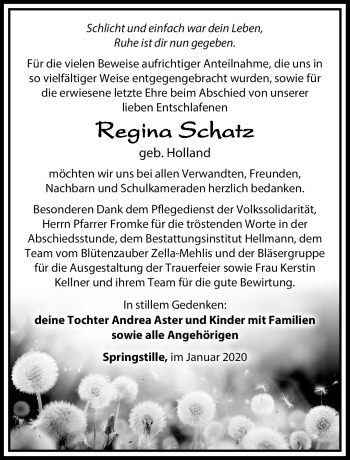 Traueranzeige von Regina Schatz von Südthüringer Presse