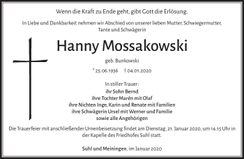 Traueranzeige von Hanny Mossakowski von Südthüringer Presse