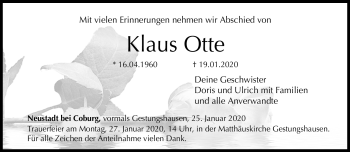 Traueranzeige von Klaus Otte von Neue Presse Coburg