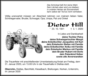 Traueranzeige von Dieter Hill von Südthüringer Presse