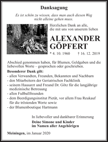 Traueranzeige von Alexander Göpfert von Südthüringer Presse