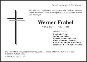 Traueranzeige von Werner Fräbel von Südthüringer Presse