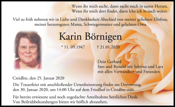 Traueranzeige von Karin Börnigen von Neue Presse Coburg