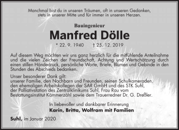 Traueranzeige von Manfred Dölle von Südthüringer Presse