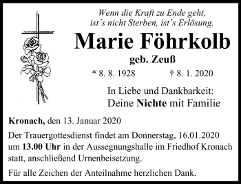 Traueranzeige von Marie Föhrkolb von Neue Presse Coburg