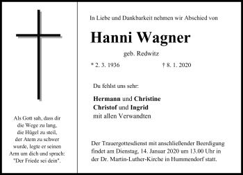 Traueranzeige von Hanni Wagner von Neue Presse Coburg