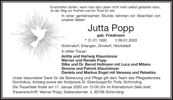 Traueranzeige von Jutta Popp von Frankenpost