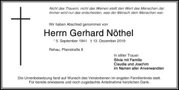 Traueranzeige von Gerhard Nöthel von Frankenpost