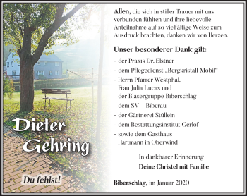 Traueranzeige von Dieter Gehring von Südthüringer Presse