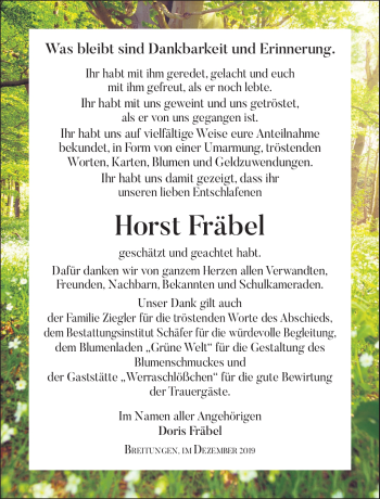 Traueranzeige von Horst Fräbel von Südthüringer Presse