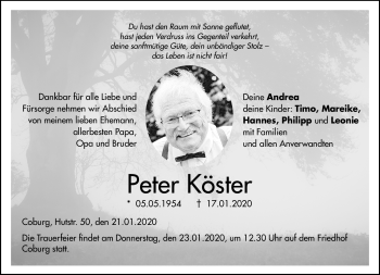 Traueranzeige von Peter Köster von Neue Presse Coburg